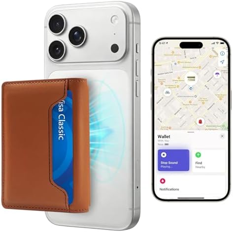 for Magsafe Wallet with Find My,6 Cards Holder,RFID Blocking,Strongest Magnetic Wallet for iPhone 17/16/15/14/13/12 Series,Not for 13/12 Mini,Leather magnetic card holder with Finder Tracker,Brown