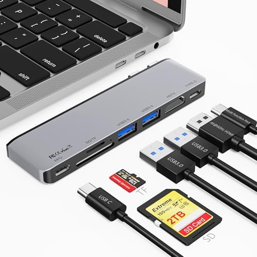 USB C Hub for MacBook, 7 in 2 Multiport Mac USB Adapter, 4K@60Hz USB C Hub Adapter, 1 Type C and 2 USB A Data Ports, Thunderbolt 4, SD/TF Card Reader, Compatible with MacBook Pro/MacBook Air